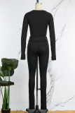 Black Casual Sportswear Solid Basic O Neck Long Sleeve Two Pieces