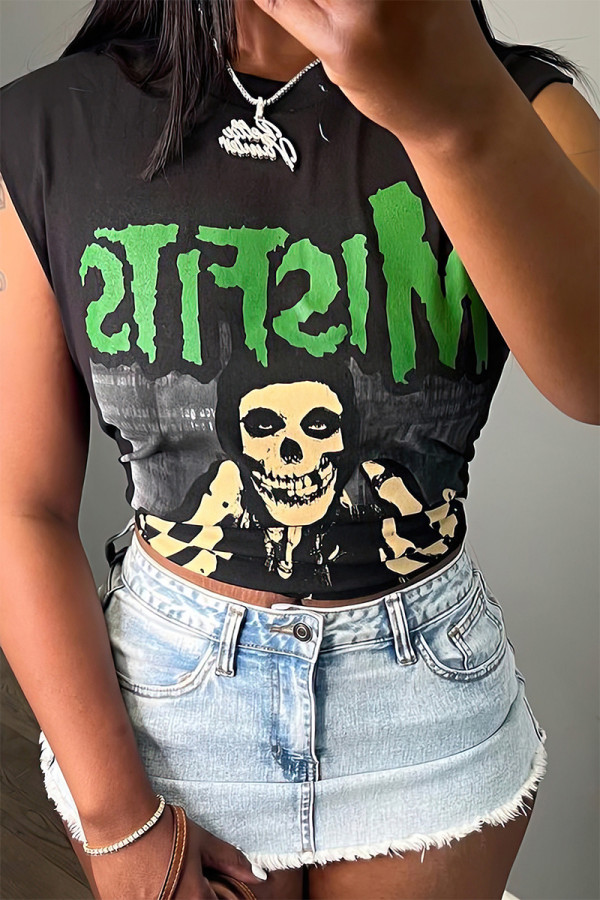 Black Street Print Patchwork Skull O Neck Mid Waist Tops(Without Skirts )