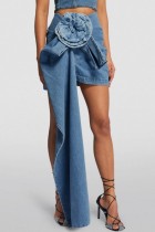 Jupes en jean skinny taille haute asymétriques en patchwork uni décontractées bleues