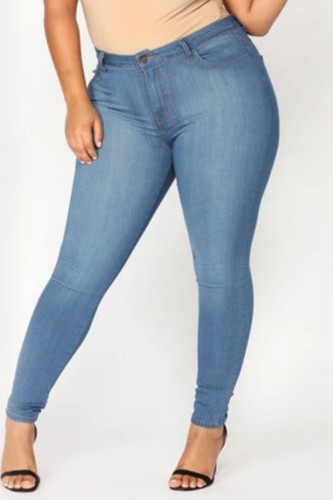 Calça Jeans Casual Solid Patchwork Plus Size Azul Médio (Sujeito ao Objeto Real)