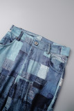 Синий Повседневный принт Стандартные узкие шорты с высокой талией Обычные сплошные шорты с принтом