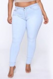 Mittelblaue, lässige, solide Patchwork-Jeans in Übergröße (abhängig vom tatsächlichen Objekt)