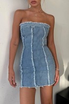 Blue Sexy Casual Solid Patchwork Backless Sleeveless Skinny Strapless Jeans Dress Tassel Denim Dresses