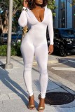 ホワイト セクシー カジュアル ソリッド バックレス フード付き襟 スキニー ジャンプスーツ