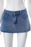 Blue Casual Solid Patchwork Mid Waist Skinny Denim Skirts