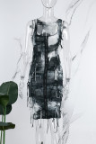 Темно-серый Street Tie Dye Лоскутная молния с кисточками U-образный вырез Платья с юбкой в ​​один шаг