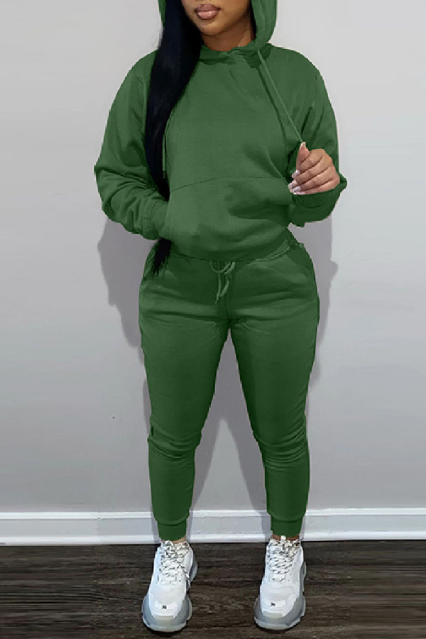 Зеленый модный повседневный однотонный базовый воротник с капюшоном и длинным рукавом из двух частей
