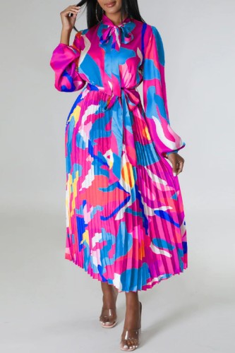 Rose Purple Casual Print Basic O Neck Long Sleeve Dresses (Subject To The Actual Object)