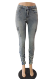 Diepblauwe casual stevige patchwork skinny jeans met halfhoge taille