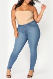 Jeans azul claro casual patchwork liso plus size (sujeito ao objeto real)