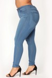 Mittelblaue, lässige, solide Patchwork-Jeans in Übergröße (abhängig vom tatsächlichen Objekt)