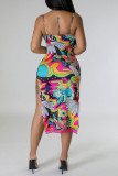 Multicolor Casual Print Backless Slit Spaghetti Strap Sleeveless Dress Dresses