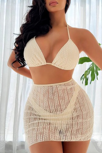 Apricot Sexy Solid Bandage Backless Swimsuit Three Piece Set (With Paddings)