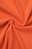 Orangefarbener, lässiger, einfarbiger Zweiteiler mit Patchwork-Reißverschlusskragen und kurzen Ärmeln