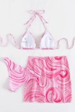 Conjunto de tres piezas de traje de baño sin espalda de vendaje con estampado sexy rosa (con relleno)