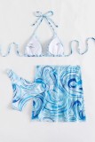 Sky Blue Sexy Print Bandage Backless Swimsuit Three Piece Set (With Paddings)