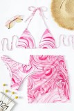 Conjunto de tres piezas de traje de baño sin espalda de vendaje con estampado sexy rosa (con relleno)