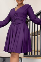 Пурпурные повседневные однотонные платья с V-образным вырезом и длинным рукавом