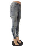 Diepblauwe casual stevige patchwork skinny jeans met halfhoge taille