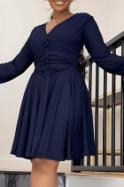 Blue Casual Solid Fold V Neck Long Sleeve Dresses