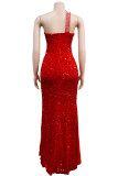 Vermelho Elegante Lantejoulas Sólidas Patchwork Fenda Broca Quente Gola Oblíqua Vestidos Vestidos Irregulares