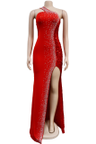 Vermelho Elegante Lantejoulas Sólidas Patchwork Fenda Broca Quente Gola Oblíqua Vestidos Vestidos Irregulares