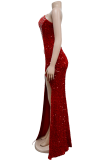 レッドエレガントソリッドスパンコールパッチワークスリットホットドリル斜め襟不規則なドレスドレス