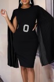 Black Casual Solid Patchwork Pleated O Neck Dresses
