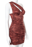 Vestidos de falda de un paso con cuello oblicuo y pliegues sin espalda con estampado ahuecado en rojo sexy