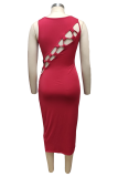 Rojo Sexy Sólido Ahuecado Diseño de correa O Cuello Vestidos de falda de un paso