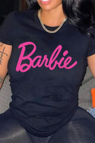 T-shirt à col rond Barbie avec alphabet patchwork imprimé quotidien Black Street
