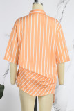 Camisa casual listrada patchwork com gola três quartos e duas peças laranja