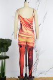 Blå Casual Print Patchwork Backless Spaghetti Strap Skinny Jumpsuits