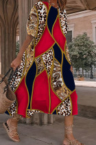 Rode casual print patchwork O-hals jurk met korte mouwen