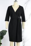 Zwart casual effen patchwork geplooide V-hals A-lijn jurken