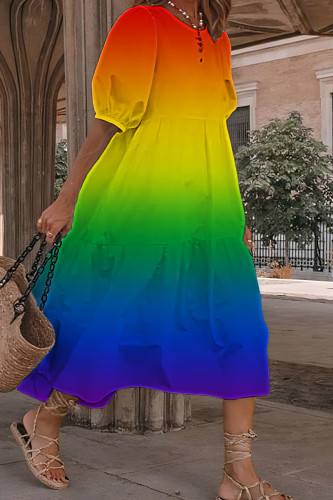 Orange Yellow Casual Print Patchwork O Neck A Line Short Sleeve Dress