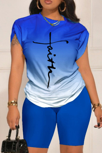 Blue Casual Gradual Change Print Basic O Neck Short Sleeve Two Pieces