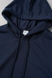 Navy Blue Street Daily Print Draw String Letter Hooded Collar Tops