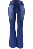 Jeans jeans azul casual patchwork contraste cintura alta corte bota