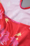 Robes de jupe une étape dos nu dos nu à pompons floraux rouges