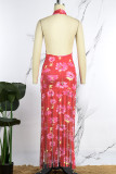 Red Street Floral Nappa Backless Halter One Step Skirt Abiti