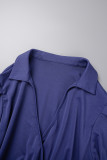 Vestidos tamanho grande casual azul real frênulo liso decote em V plissado