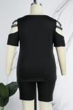 Black Casual Solid Hollowed Out Patchwork Hot Drill V Neck Plus Size Two Pieces