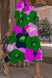 Roze paars casual print patchwork O-hals jurk met korte mouwen