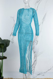 Vestido longo azul sexy liso vazado transparente com decote em O