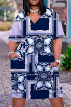 Blå Casual Print Basic V-ringad kortärmad klänning