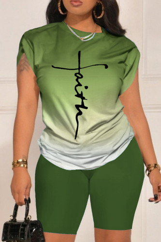 Green Casual Gradual Change Print Basic O Neck Short Sleeve Two Pieces