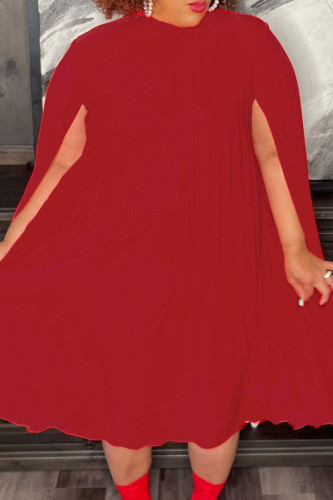 Red Casual Solid Pleated Half A Turtleneck A Line Dresses