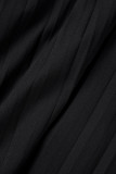 Black Casual Solid Frenulum Pleated O Neck Long Dress Dresses