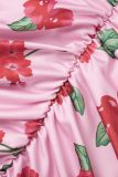 ピンク カジュアル プリント フォールド スクエア カラー ロング スリーブ ドレス